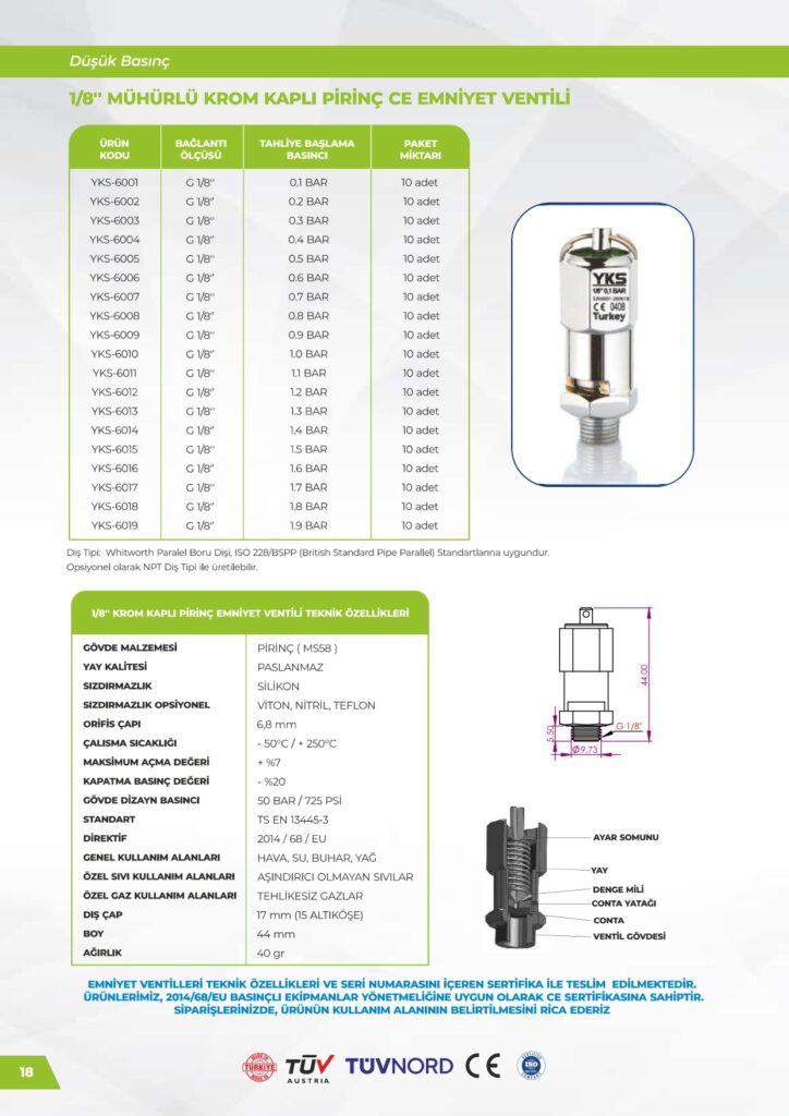Krom Kaplı Pirinç 1/8 Emniyet Ventili - Düşük Basınç