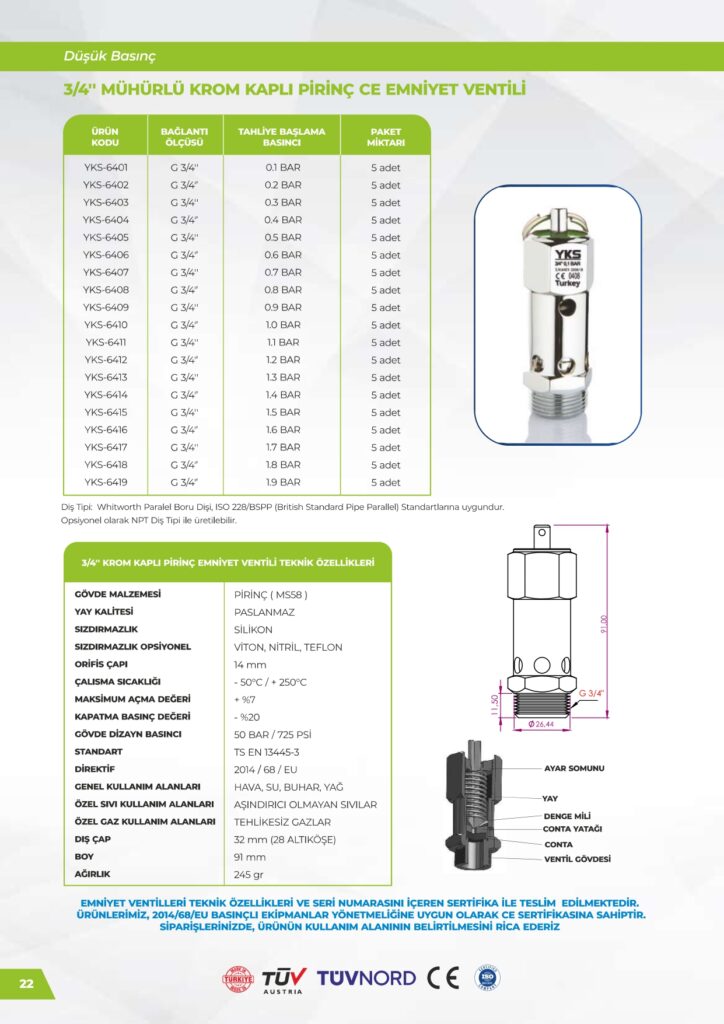 Krom Kaplı Pirinç 3/4 Emniyet Ventili - Düşük Basınç