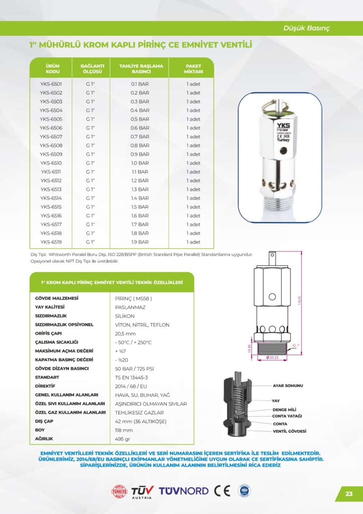 Krom Kaplı Pirinç 1 Emniyet Ventili - Düşük Basınç
