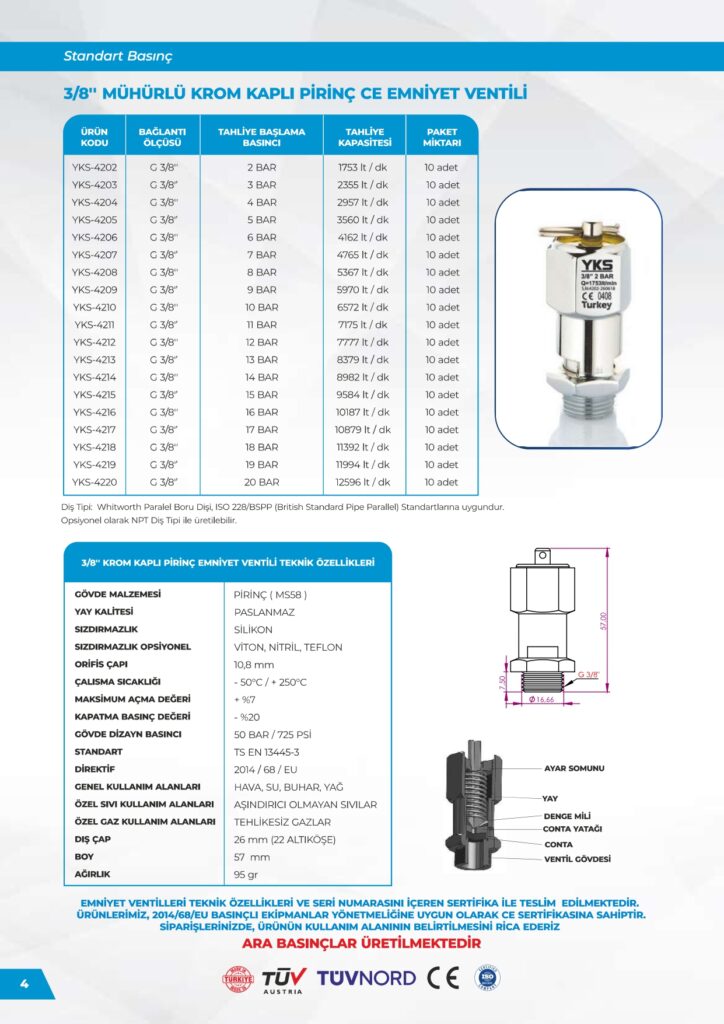 Krom Kaplı Pirinç 3/8 Emniyet Ventili - Standart Basınç