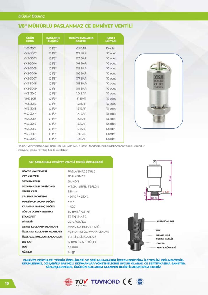 Paslanmaz 1/8 Emniyet Ventili - Düşük Basınç