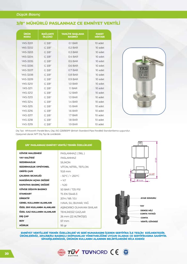 Paslanmaz 3/8 Emniyet Ventili - Düşük Basınç