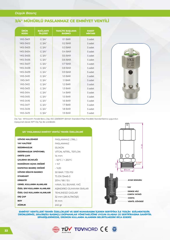 Paslanmaz 3/4 Emniyet Ventili - Düşük Basınç