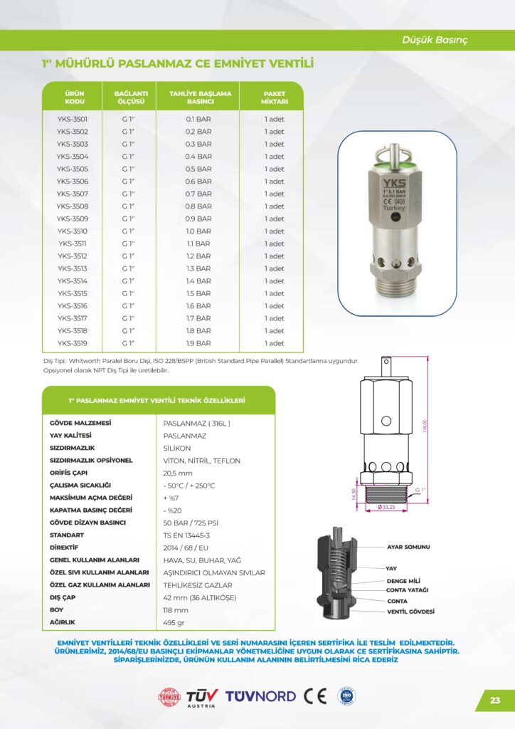 Paslanmaz 1 Emniyet Ventili - Düşük Basınç