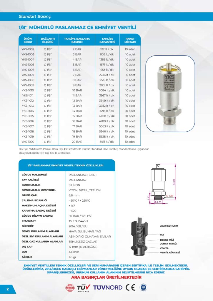 Paslanmaz 1/8 Emniyet Ventili - Standart Basınç