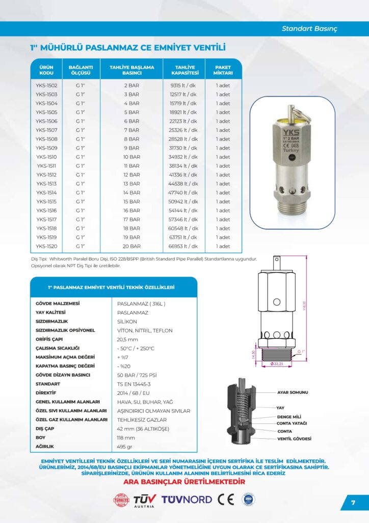 Paslanmaz 1 Emniyet Ventili - Standart Basınç