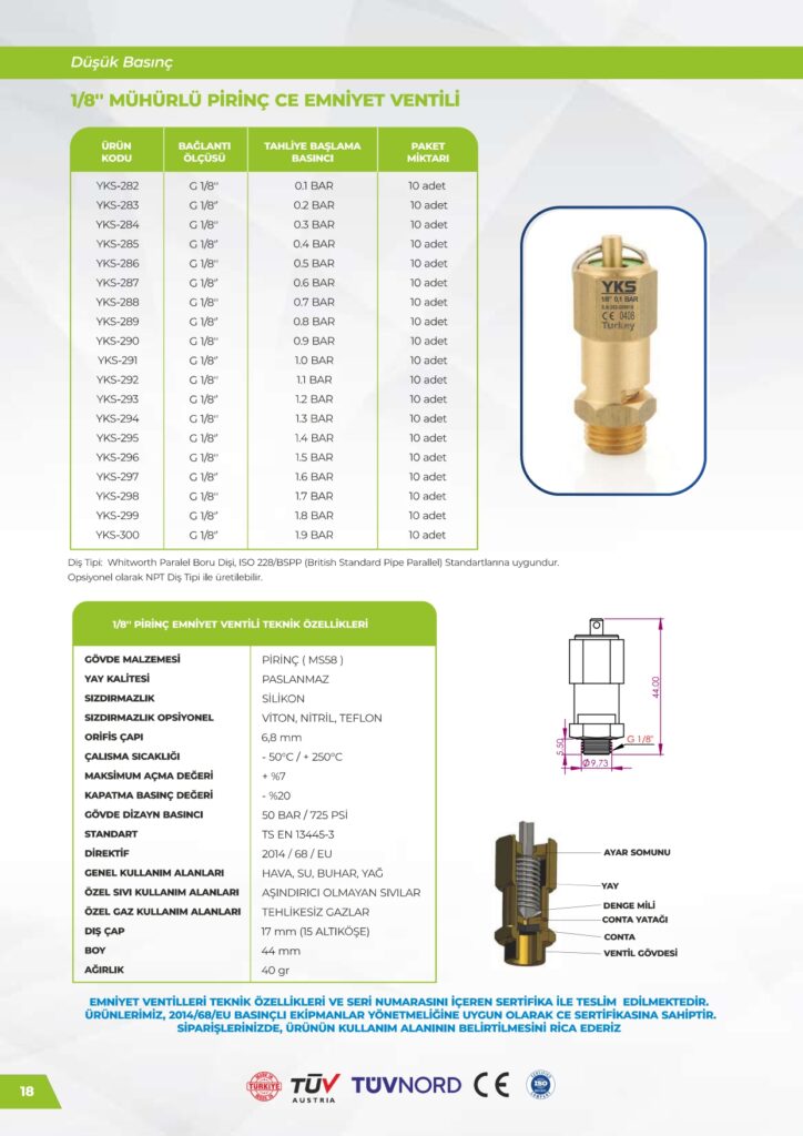 Pirinç 1/8 Emniyet Ventili - Düşük Basınç