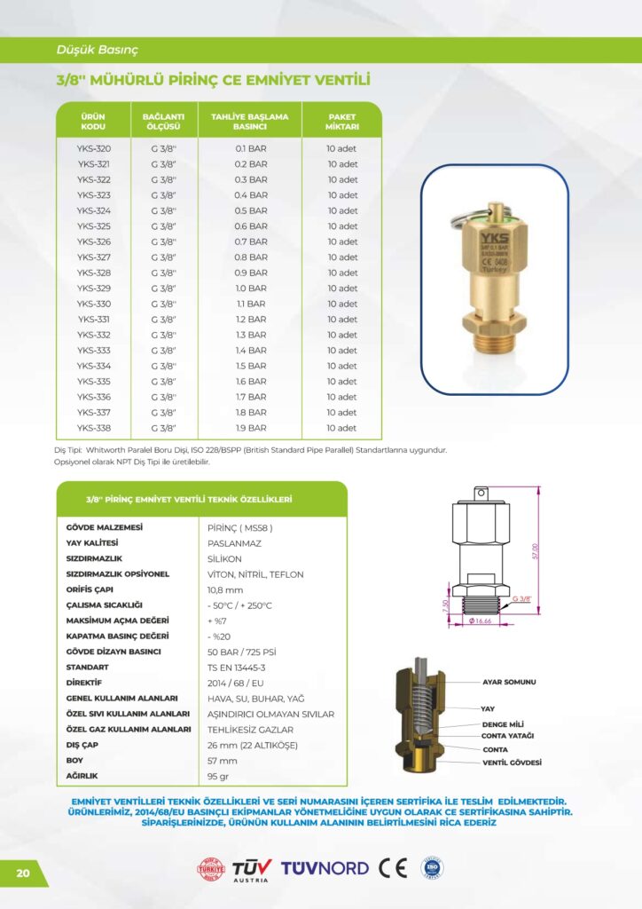 Pirinç 3/8 Emniyet Ventili - Düşük Basınç