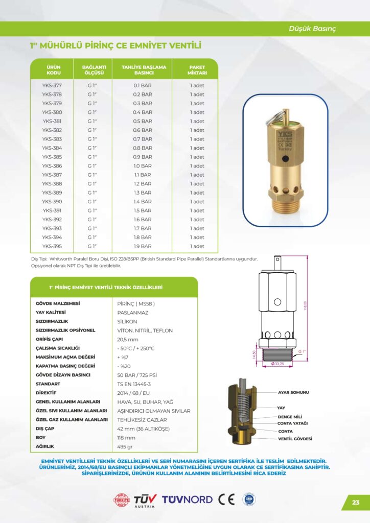 Pirinç 1 Emniyet Ventili - Düşük Basınç