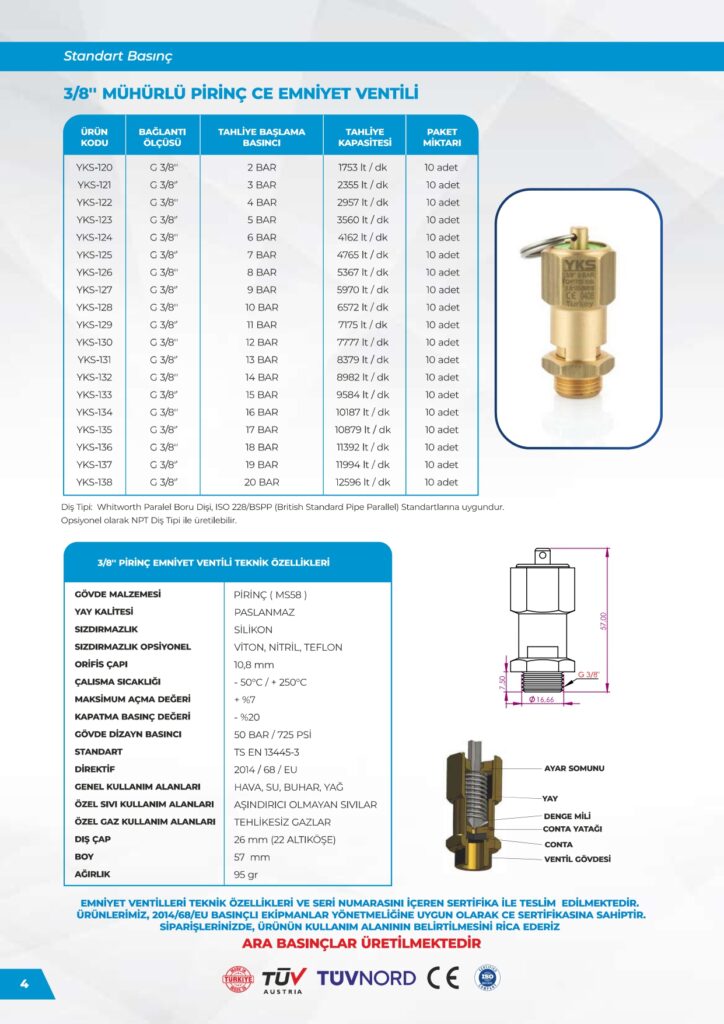 Pirinç 3/8 Emniyet Ventili