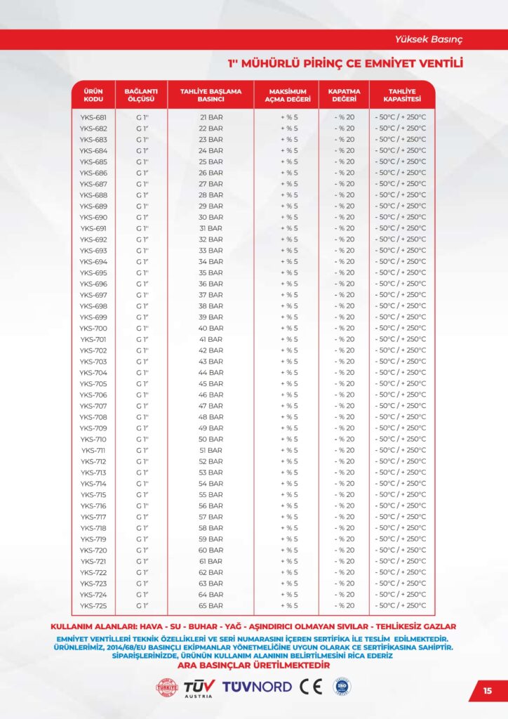 Pirinç 1 Emniyet Ventili - Yüksek Basınç